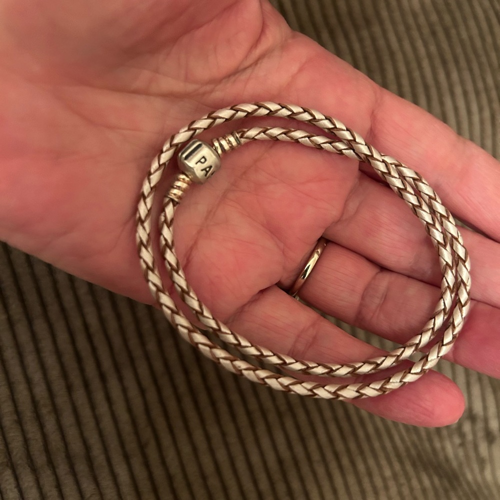Pandora Sterling Silver and Champagne Double Braided Leather Bracelet